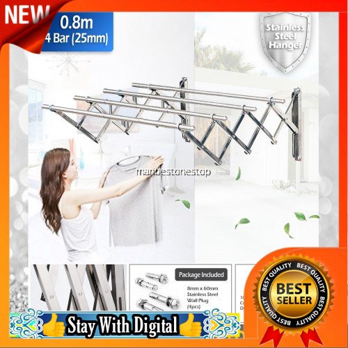 FREE POS 🌹[Local Seller] 0.8M X 4 BAR 25MM WALL MOUNTED STAINLESS STEEL RETRACTABLE CLOTH HANGER (NEW)+
