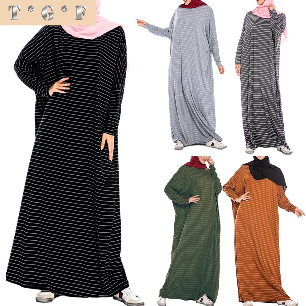 Striped Doll Sleeve Casual Long Dress Muslim Kaftan Plus Size Abaya Jubah Dubai Turkish Robe Dress Wedding/banquet/dinner/banquet Dress