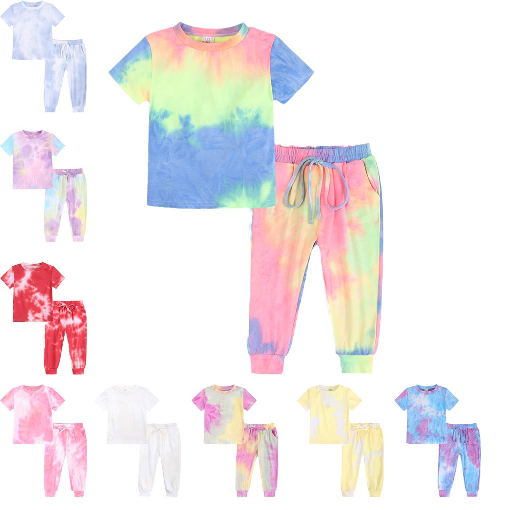 Kids Tales Tie Dye Printting Baby Girls Boys Clothes Sets O-Neck Short Sleeve+Long Pants Toddler Homewear Children Tracksuit Clothing Outfits Suits