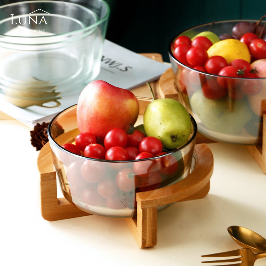 LUNA [Glass Storage Bowl] Hari Raya Minimalist Household Fruit Kitchenware Glass Container Wooden Stand Ice Bucket Ramen