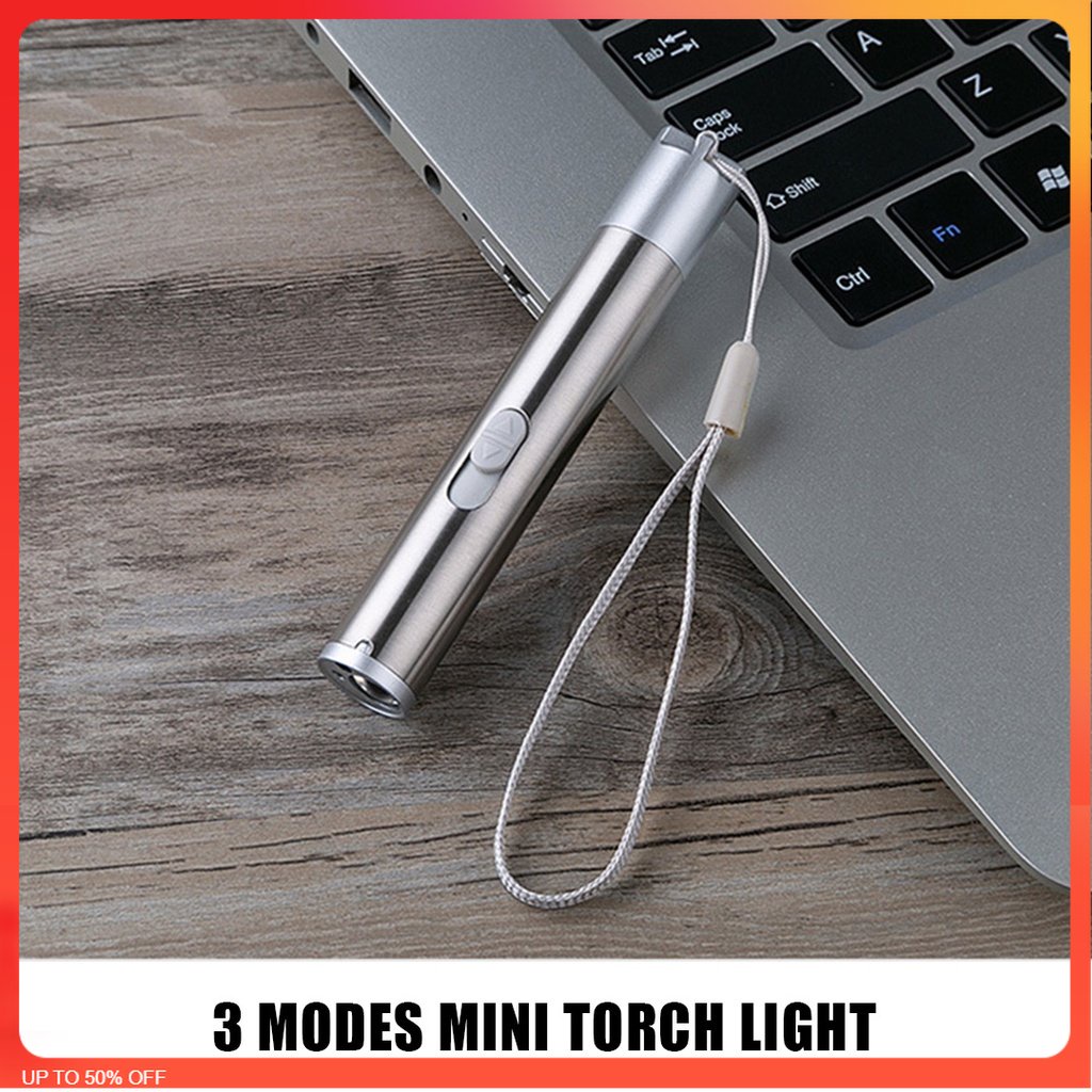 🌹[Local Seller] Stainless Steel USB Rechargeable Mini Pocket LED Pen Torchlight Flashlight+ Gif
