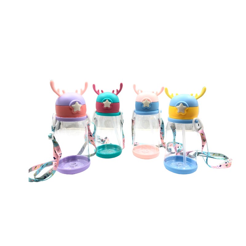 [LOCAL READY STOCKS] Water Bottle Deer Head Child Drink Cups with Straw and Strap BPA Free Botol Minuman Dengan Kepala