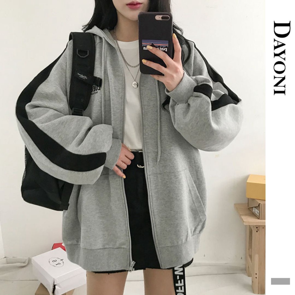 ☀️【Ready Stock】Korean Hoodie Grey Color Black Striped Women Long Sleeve Hooded Zip Outerwear Sweater