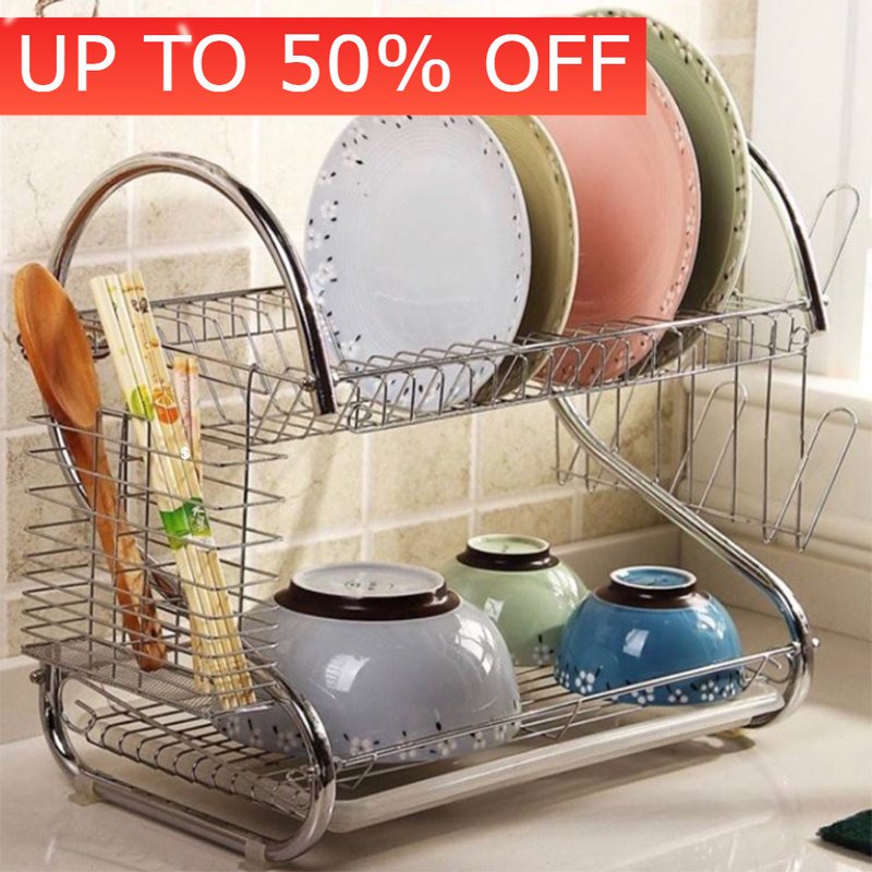 🎁KL STORE✨ 2 Layer Dish Rack Double Layer Dish Rack with Cup Holder Dish Drainer Kitchen