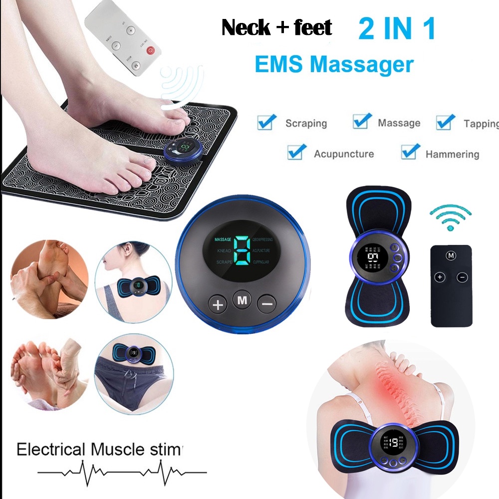 Neck and Foot 2-In-1 Electric EMS Massager Neck+ Foot Massage Pad Mini Cervical Massager Portable Muscle Pain Relief Muscle Relaxation Massager