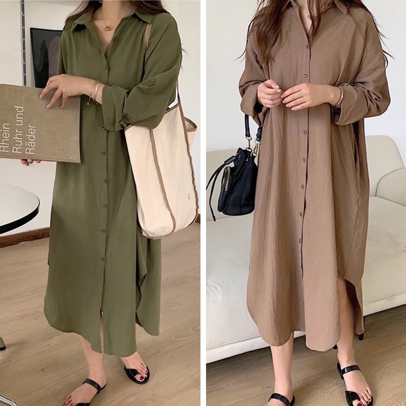 Ready StockWomen Korean Fashion Long Dress Simple Basic Casual Long Sleeve Split Hem Comfortable Long Outwear