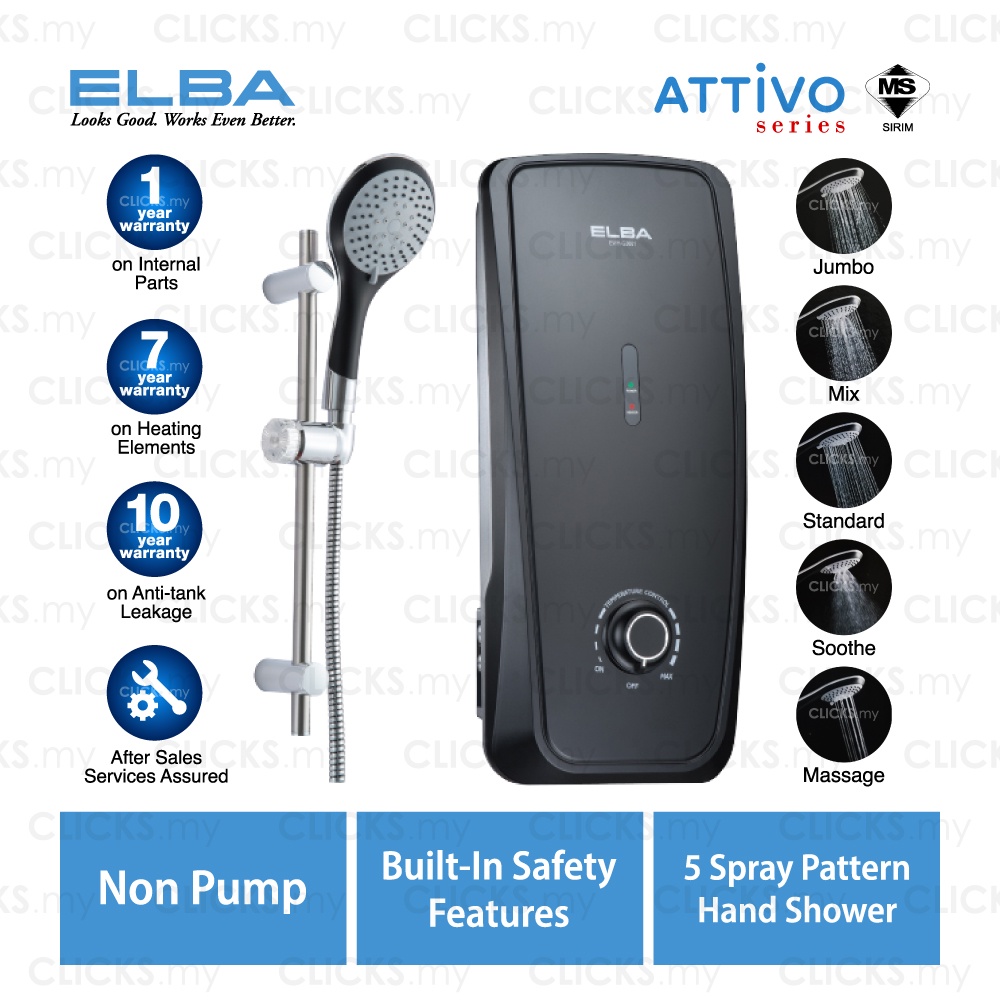 Elba Attivo Series Non Pump / AC Pump Instant Water Heater EWHG3661(MB) EWHG3663AC(MB