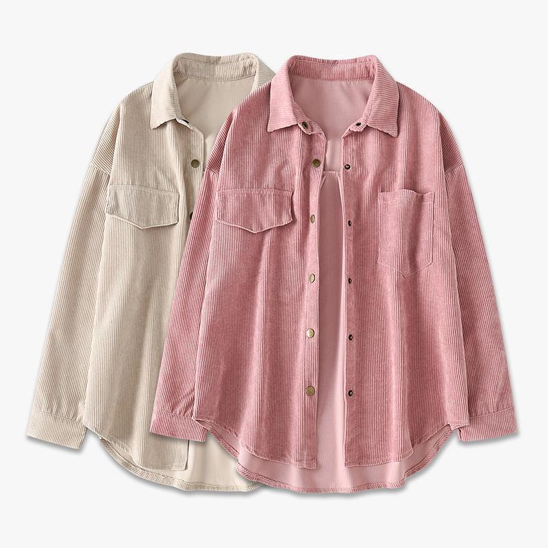 【Ready Stock】Korean Plain Long Sleeve Corduroy Shirt Vintage Design Blouse Women Plus Size Couple Shirt Jacket