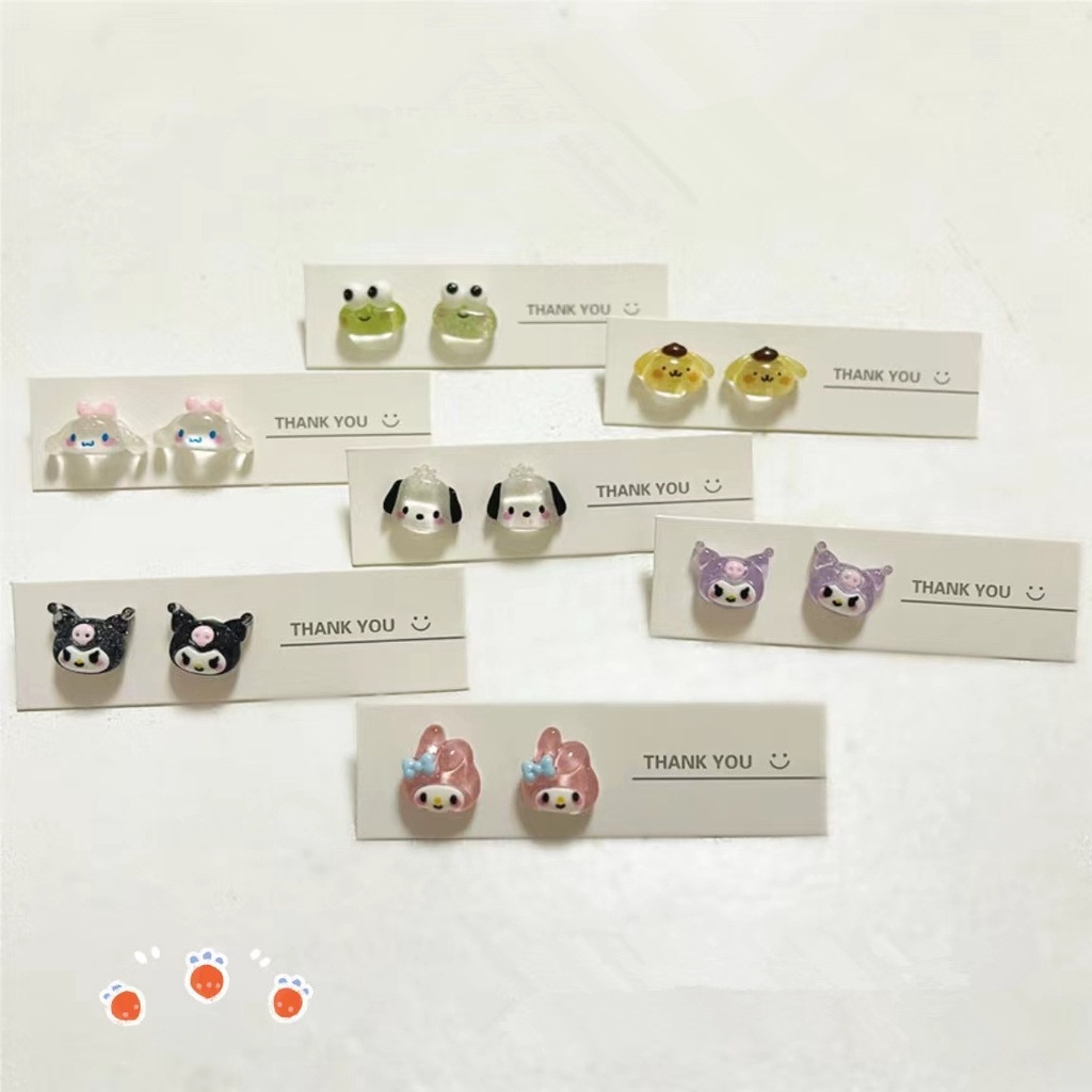 Sanrio Kawaii 925 Silver Needle Cartoon Earrings Cute Kuromi Ear Pins Sweet Girl Clip Drawing Pacha Dog Transparent Earrings