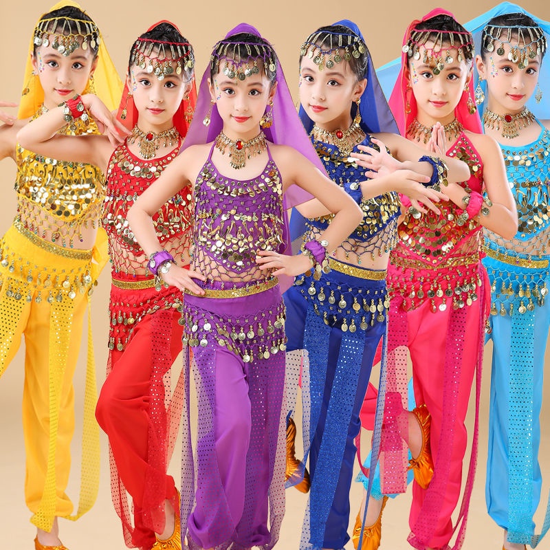 儿童舞蹈服Ready Stockchildren clothing girls kindergarten Indian dance b Children's Day Costume Belly Xinjiang Tianzhu Ethnic Performance 12.61.5