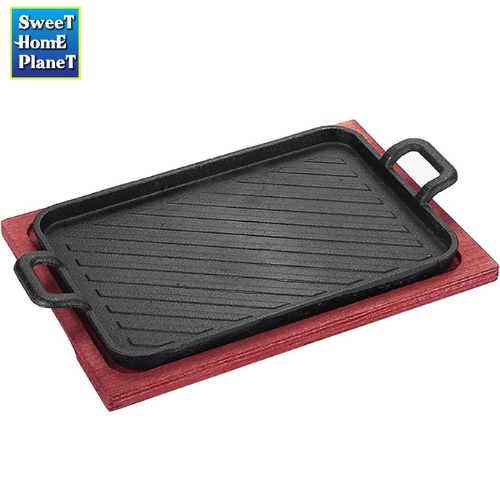 Cast Iron Steak Plate Sizzle Griddle with Wooden Base Steak Pan Grill