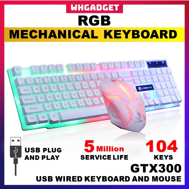 GTX300 Set Gaming Keyboard And Mouse Office Computer RGB Light Colourful 104 Keypad Keyboards dan Tetikus 电脑游戏键盘滑鼠