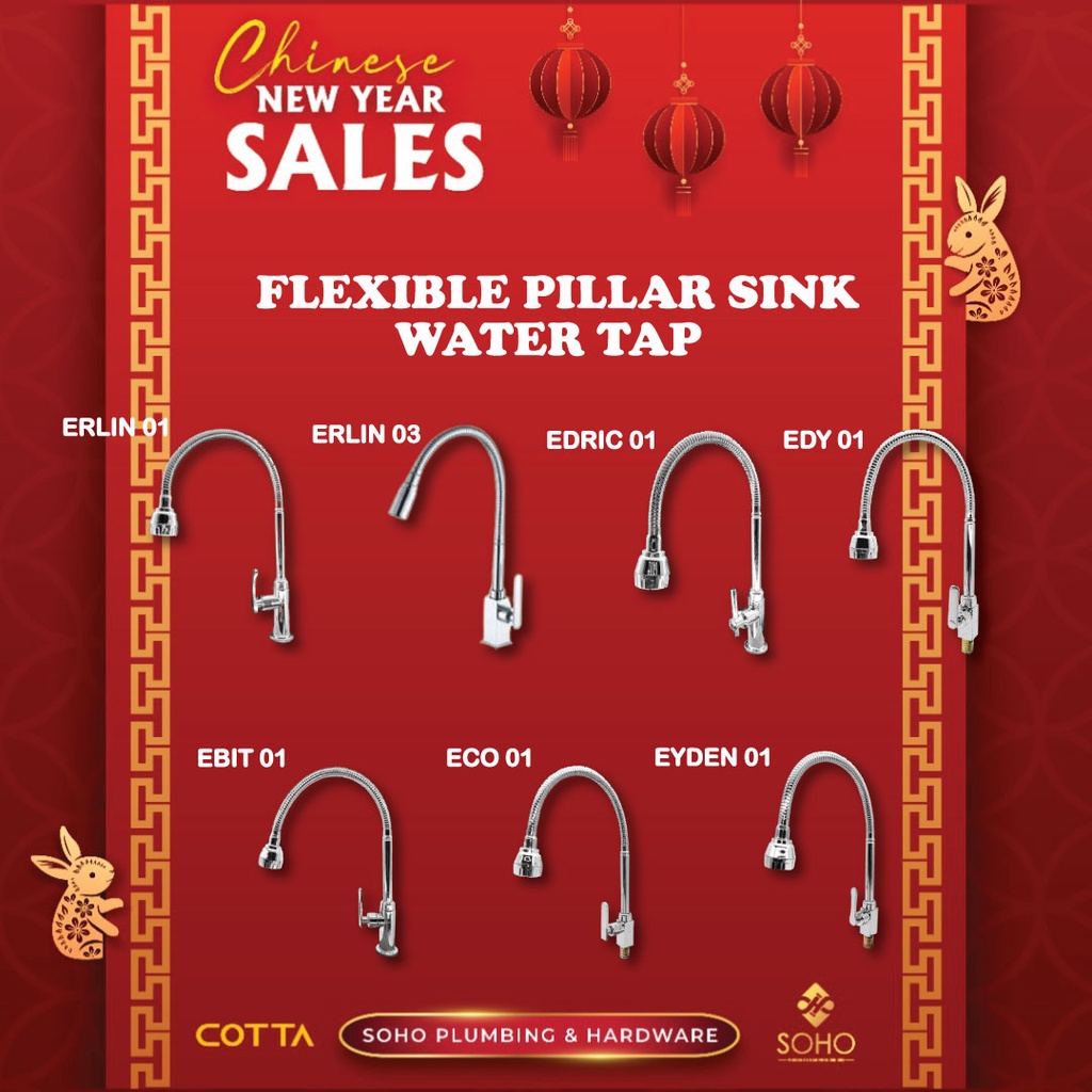 COTTA Flexible Pillar Water Tap Stainless Steel Pipe Kepala Paip Sinki