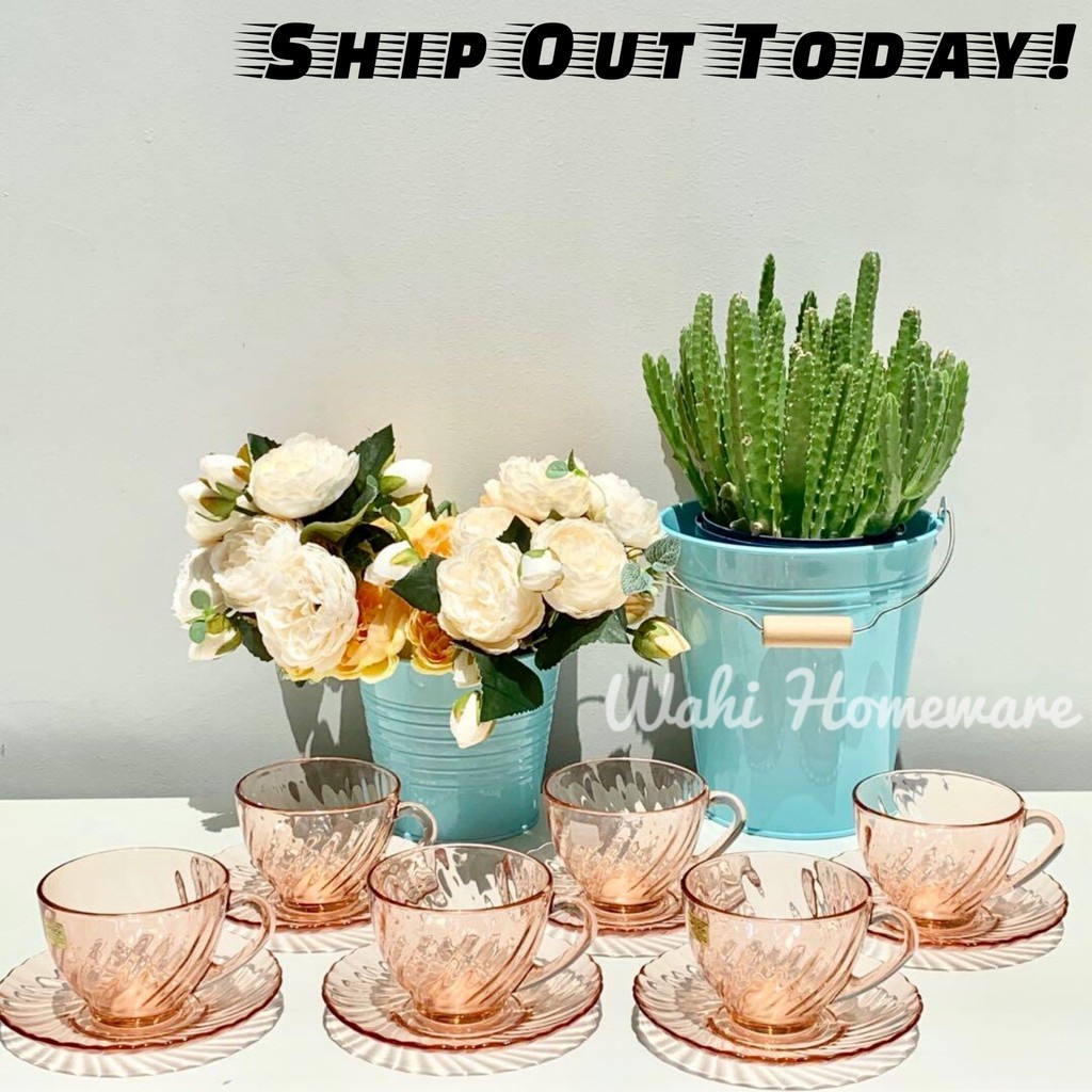 [Wahi Homeware] 6+6pcs Set Cawan Roseline Pink Cup Saucer Tea Cup Tableware Drink Cup