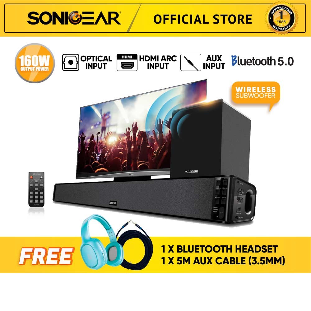 SonicGear SonicBar BT5500 Bluetooth 5.0 Sound Bar With Wireless Subwoofer | FM Radio | HDMI Connection | 1 Year Warranty