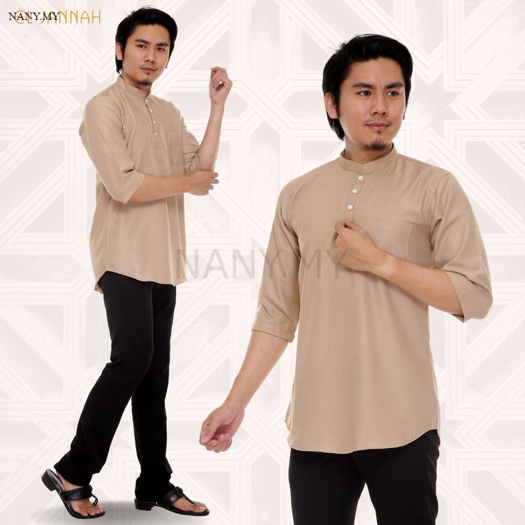 Baju Kurta Lelaki Dewasa Cotton Lengan Tiga Suku Cekak Musang Coffee Brown Isaac Baju Raya 2023 2413