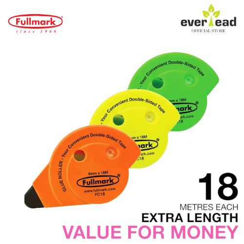 Fullmark Glue Tape Roller Double Sided Stationery Neon (6mm X 18m) 3