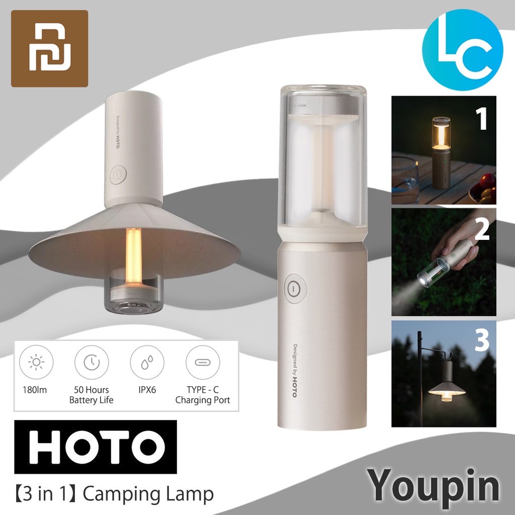 Hoto 3-in 1 Camping Flashlight, Water Resistance Design, USB-C Rechargeable, Minimalist, Portable & Lightweight, Detachable Lampshade