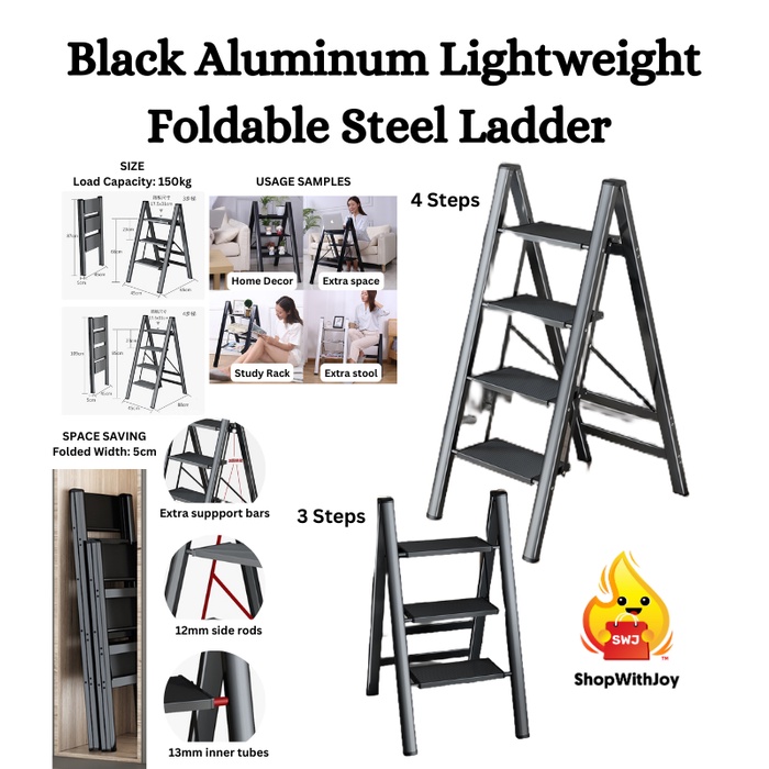 【ShopWithJoy】3/4 Steps Foldable Steel Ladder Black Lightweight Folding Anti-Slip Wide Pedal Tangga Rumah