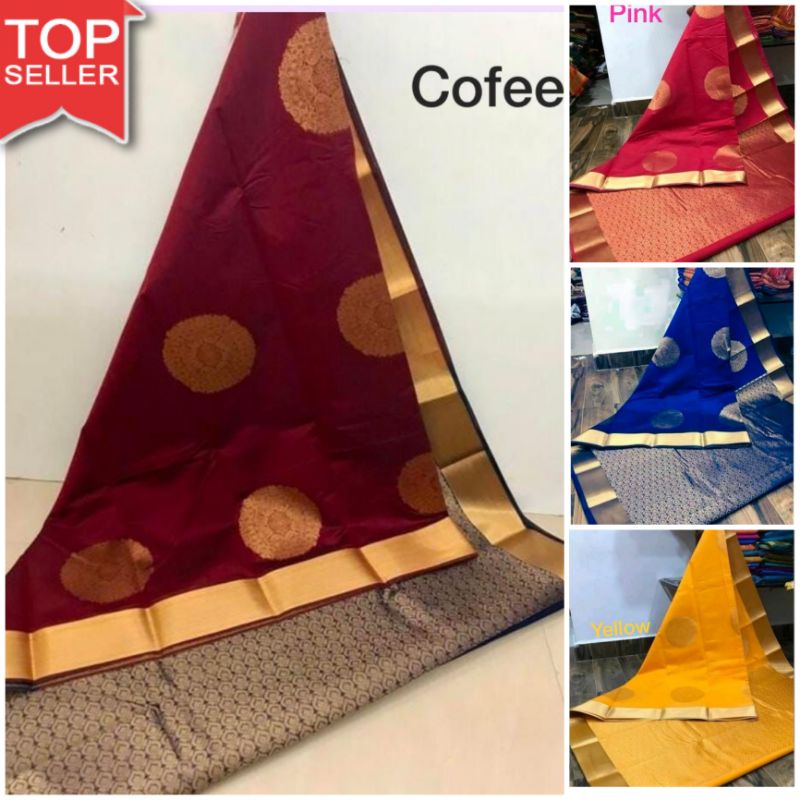 ( ) Hot Selling Soft Lichi Silk Saree With Contrast Blouse / Wedding Saree For Women / Bridesmaid Saree