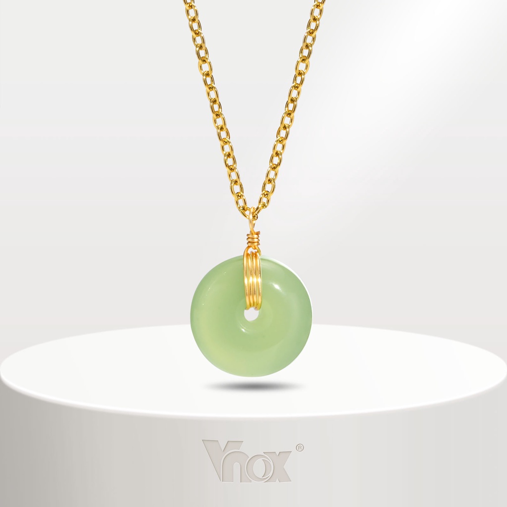 Vnox Natural Nephrite Pendant,Gold Chain Circle Round Disk Healing Reiki Jade,Peace Buckle Necklace Jewelry