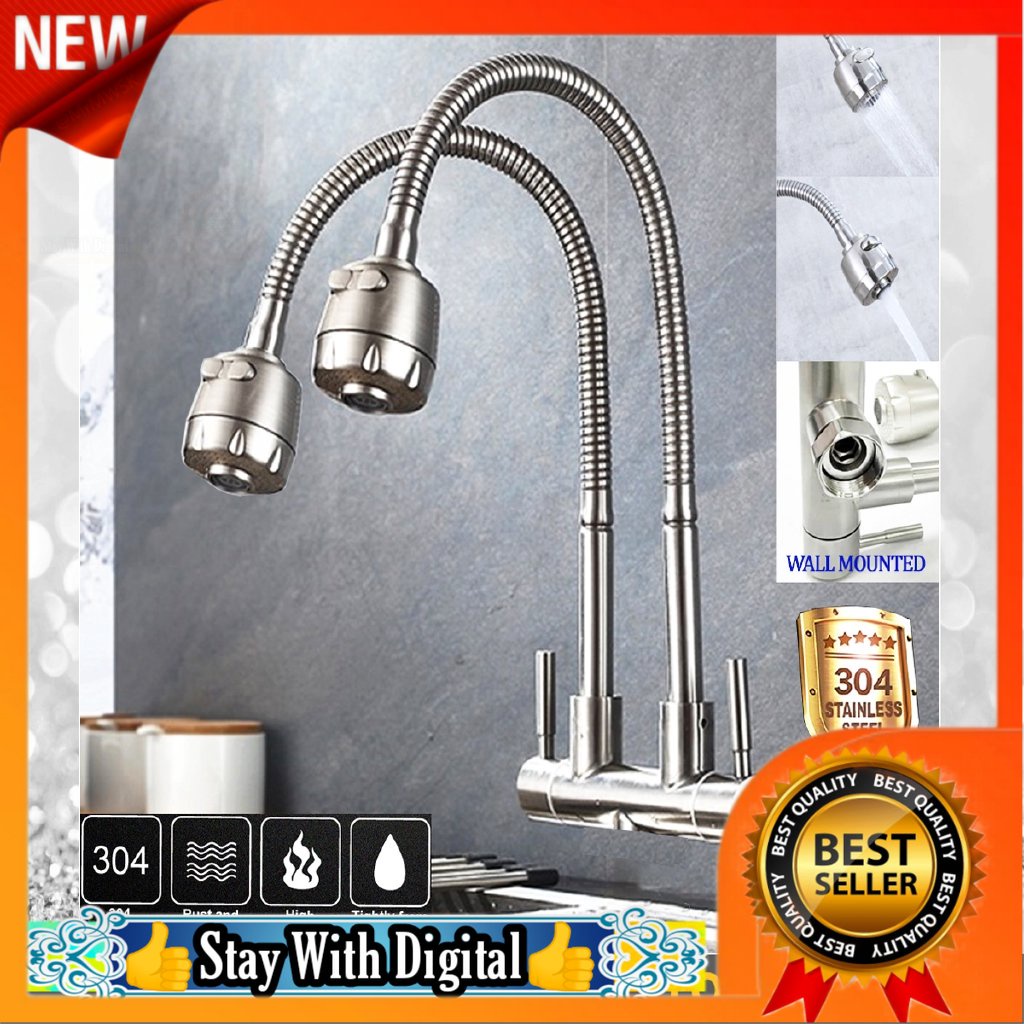 🌹[Local Seller]  AT-304544FLEX 304 Stainless Steel Wall Mounted Double Twin Flexible Kitchen Fau
