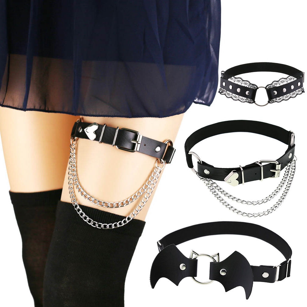 Punk Gothic Lace Trimmed PU Leather Chain Garters Love Heart Shape