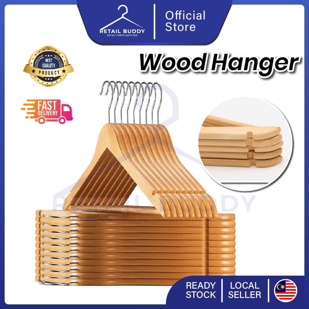 Wood Hanger Premium High Quality Strong Korean Style Kayu Penyangkut Baju Boutique Solid Thick