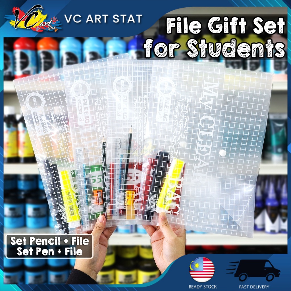 My Clear Bag Button File A4 Size Stationery Pencil Pen Gift Set for ...