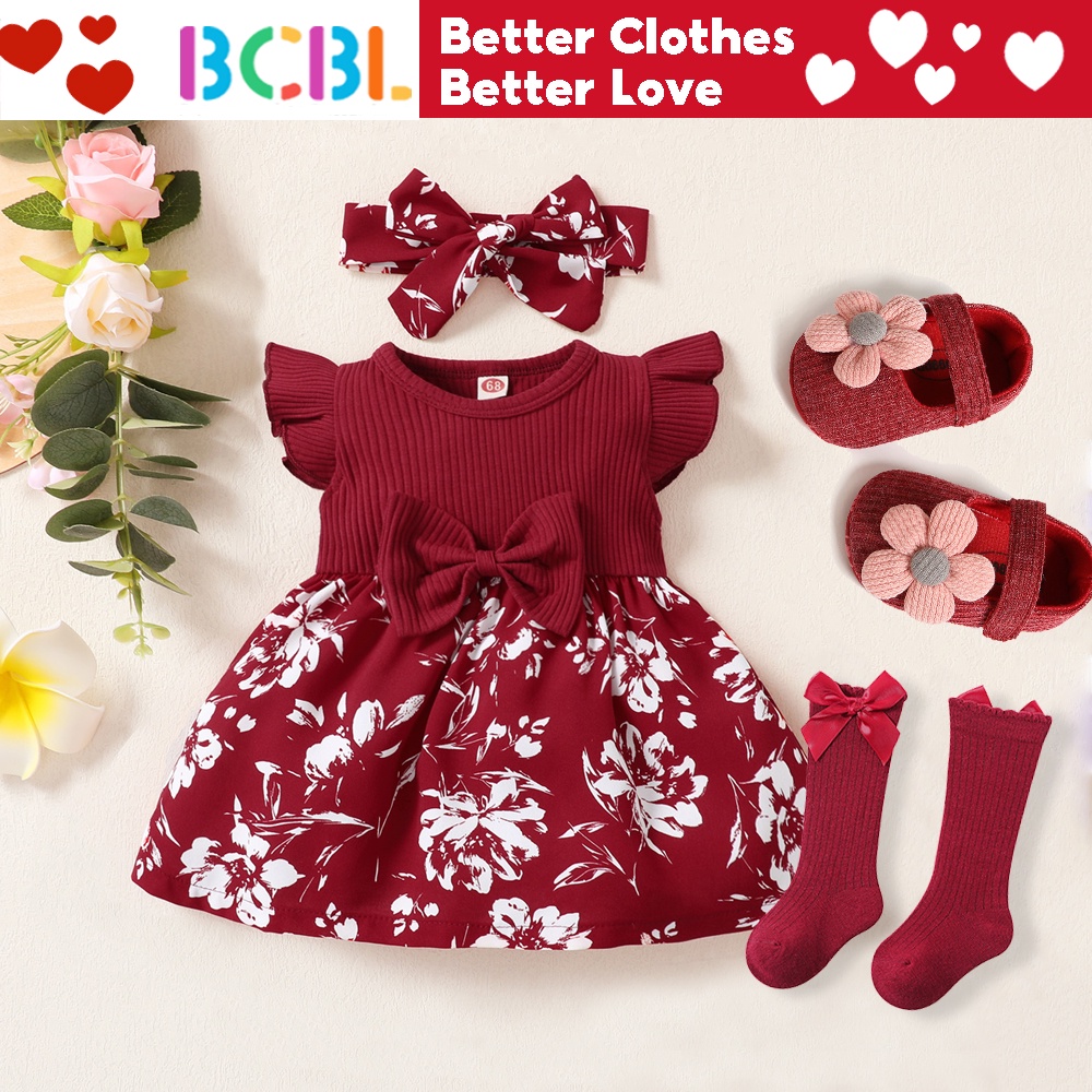 3Pcs Set Red Dress for Baby Girl Flying Sleeve Flower Pattern Baby Girl  Dress with Headband Baby Clothes Set | Shopee Malaysia