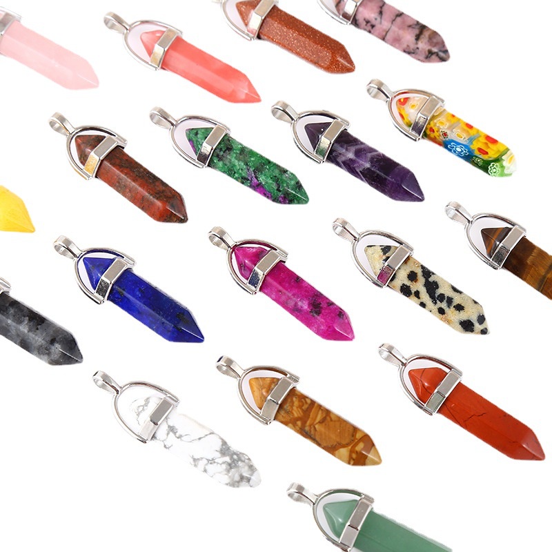Natural Stone Crystal Hexagon Pillar Agate Bullet Pendant Necklace