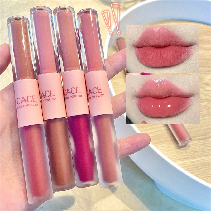 Lipstick 2 In 1 Matte Mirror Lip Liquid Glaze Double Heads Lip Gloss Non-Stick Mud Beauty 2 Colors Makeup Waterproof Glossier Lip Matte