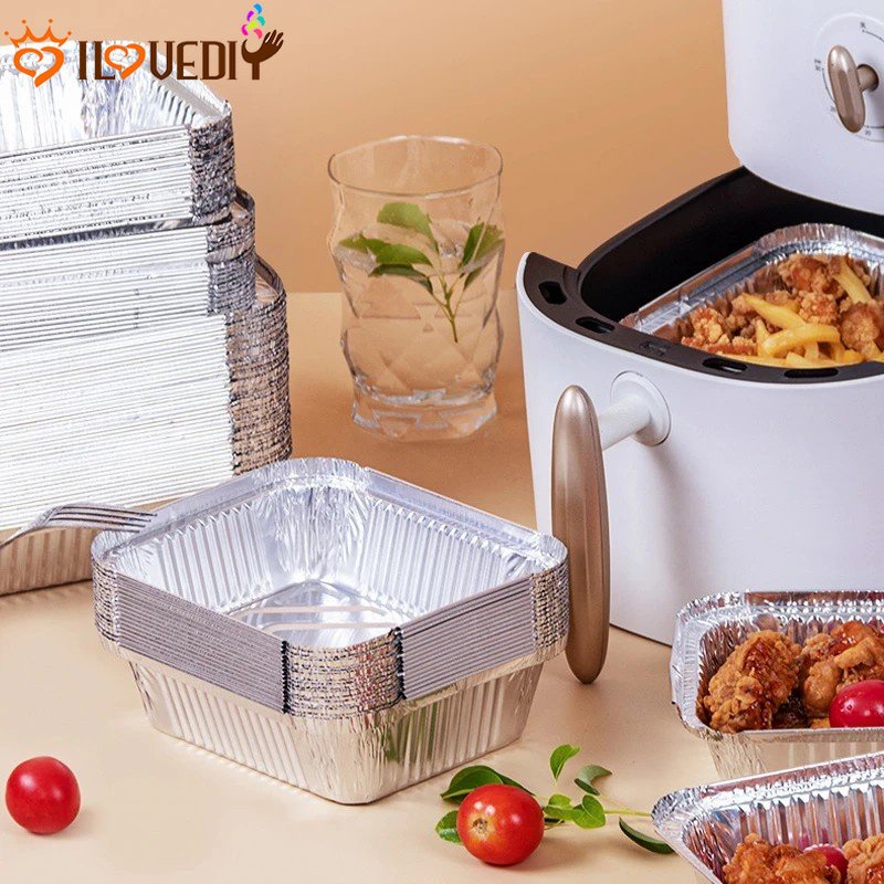 10 Pcs Square Air Fryer Liner Box No-sticky Aluminum Foil Tin Paper Tray Heat Resistant Greaseproof Grilling Pan BBQ Baking Cooking Accessories