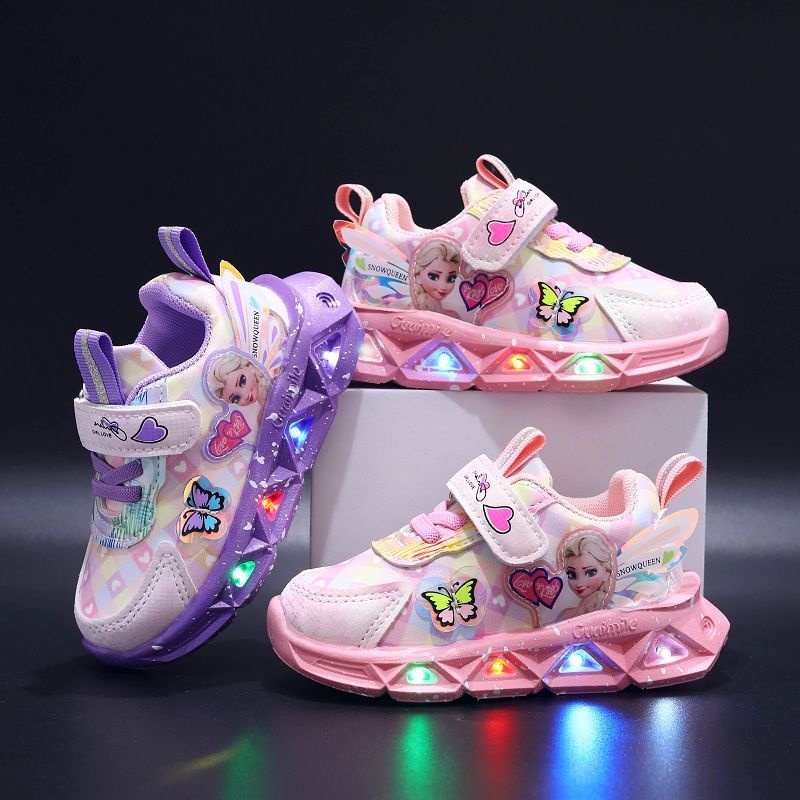 Disney Led Sneakers Kasual Untuk Spring Girls Beku Elsa Puteri Cetak Pu