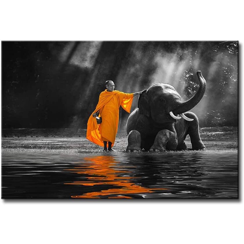 Black and White Wall Art Buddha Decor Zen Canvas Painting Thai Elephant Monk Water Shore Shooting Photo Peaceful Good Luck Elephant Artwork for Yoga M...