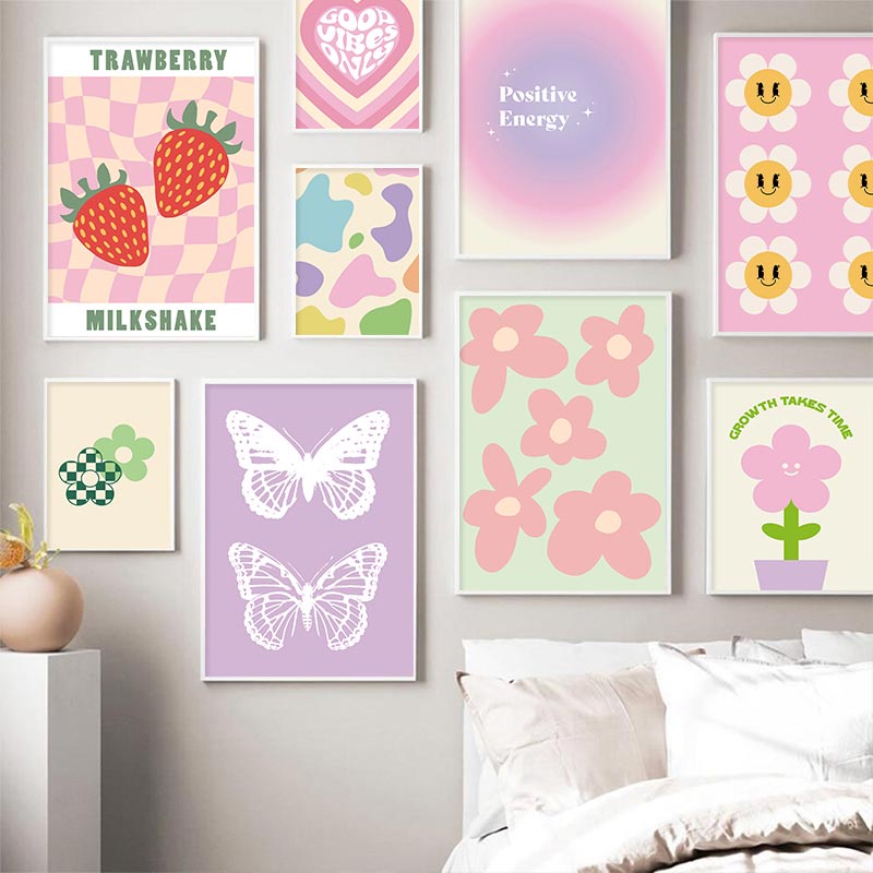 Andean Puff Posters Colorful Beautiful Canvas Paintings Rainbow Purple Green Heart Butterfly Flower Wall Print Bedlam Decoration