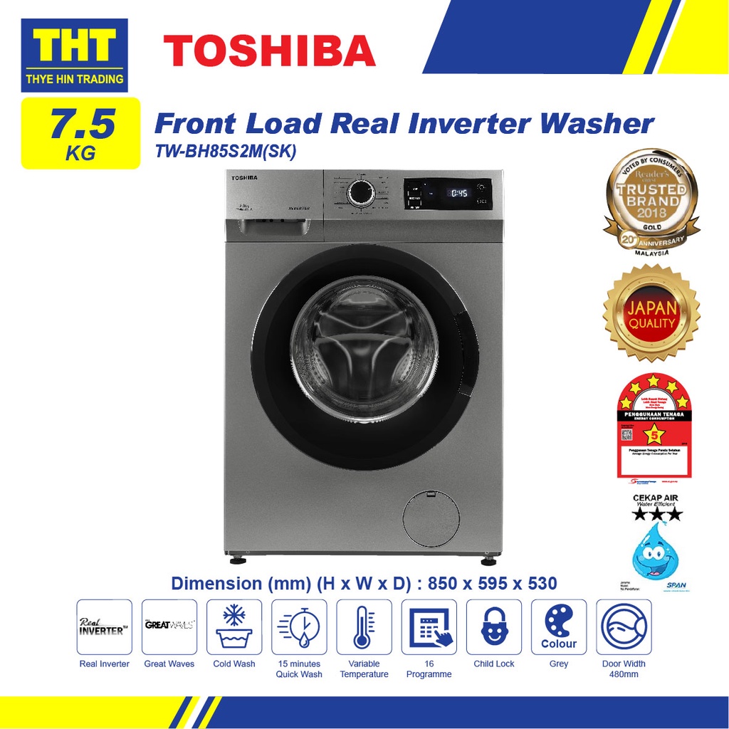 Toshiba 7.5KG Inverter Front Load Washer TWBH85S2M(SK) Shopee Malaysia