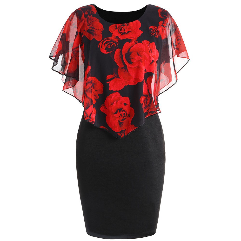 Plus Size Elegant Office Lady Rose Flower Print Cape Bodycon Knee Length Dress Women Ladies Round Neck Short Sleeve ​Patchwork Slim Business Casual Pencil Midi Dress Female