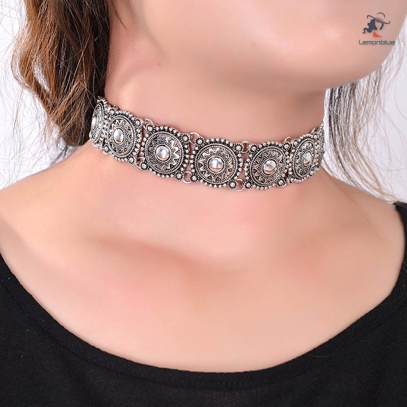 Vintage Boho Antique Silver Tattoo Statement Necklace Retro Turquoise Beads Collar Choker Necklace Women Neck Jewelry