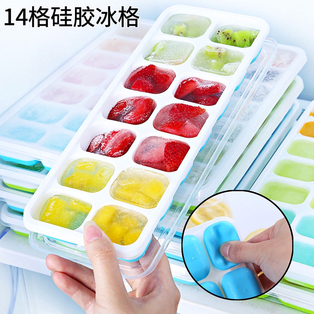 CS_ 14 Holes Silicone Ice Tray Ice Cube Maker Baby Food Puree Mold Container Lid Bekas Pembuat Ais Batu 硅胶冰格辅食盒