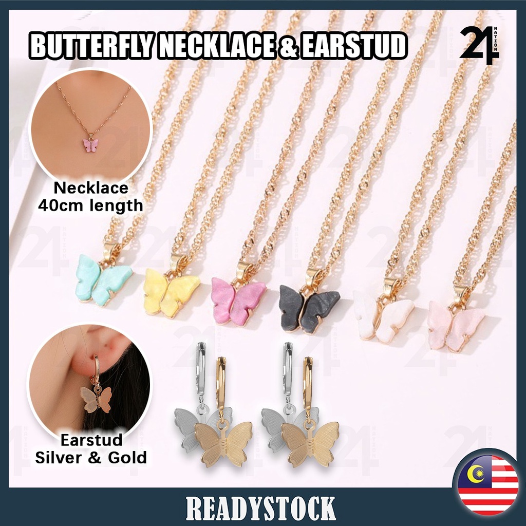 Korean Minimalist Colourful Butterfly Necklace Earstud Acrylic Clavicle For Women Rantain Earings Perempuan 女生蝴蝶项链耳环