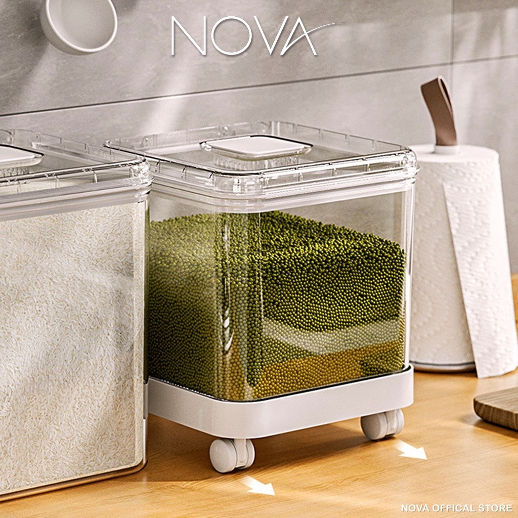 NOVA Rice Box 12kg Transparent Storage Kitchen Container With Modern Design Sealed Grains Dispenser