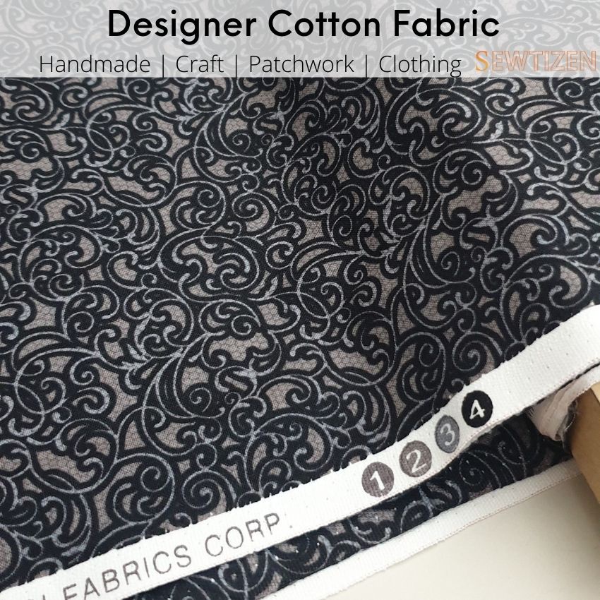 100 Medium Weight Cotton Fabric Black Swirl Design Sheer Romance