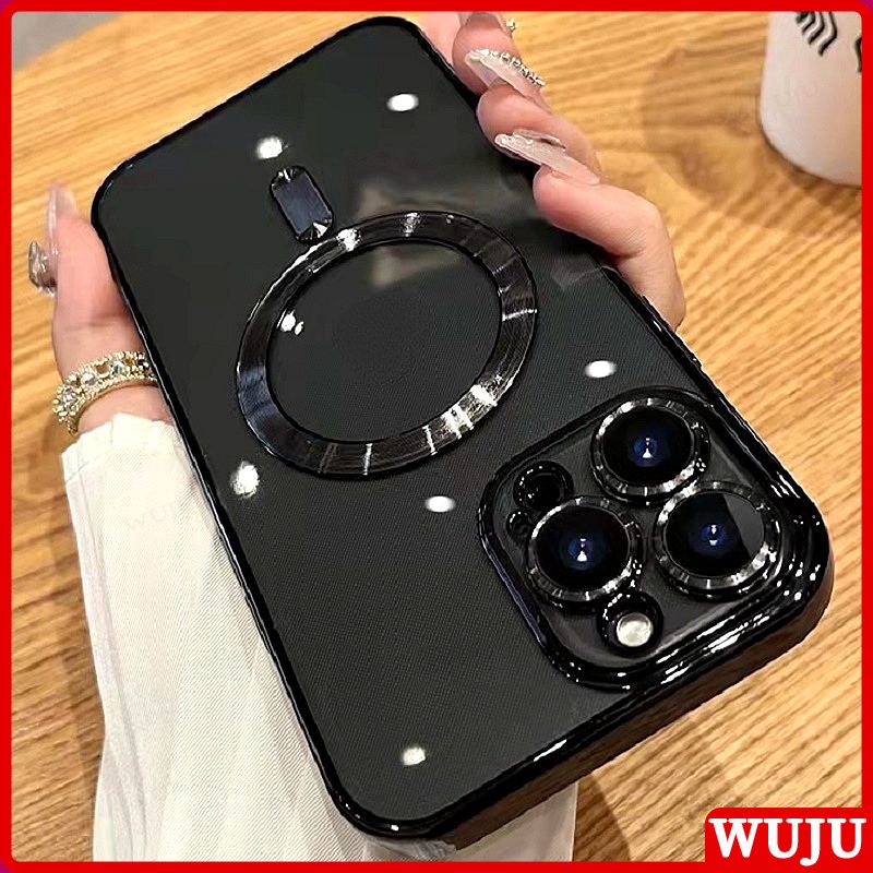 WUJU Plating Luxury Wireless Charging Transparent Magnetic Phone Case Cover Casing Compatible For iPhone 15 14 13 12 11 Pro Max Soft Shockproof Casing Phone Case Cover Magnetic Clear