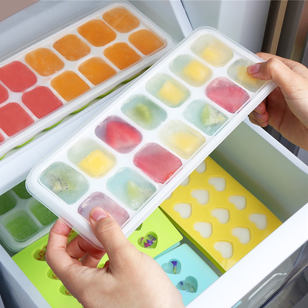 Ice Cube Maker 14 Holes Silicone Ice Tray Baby Food Puree Mold Container Lid Bekas Pembuat Ais Batu 硅胶冰格辅食盒