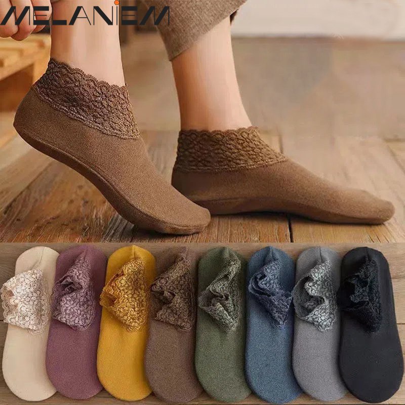 1 Pair Non-Slip Velvet Home Casual Lace Flowers Side Cozy Warm Comfortable Women Slipper Socks Super Soft Ankle High Loose Mouth Ladies