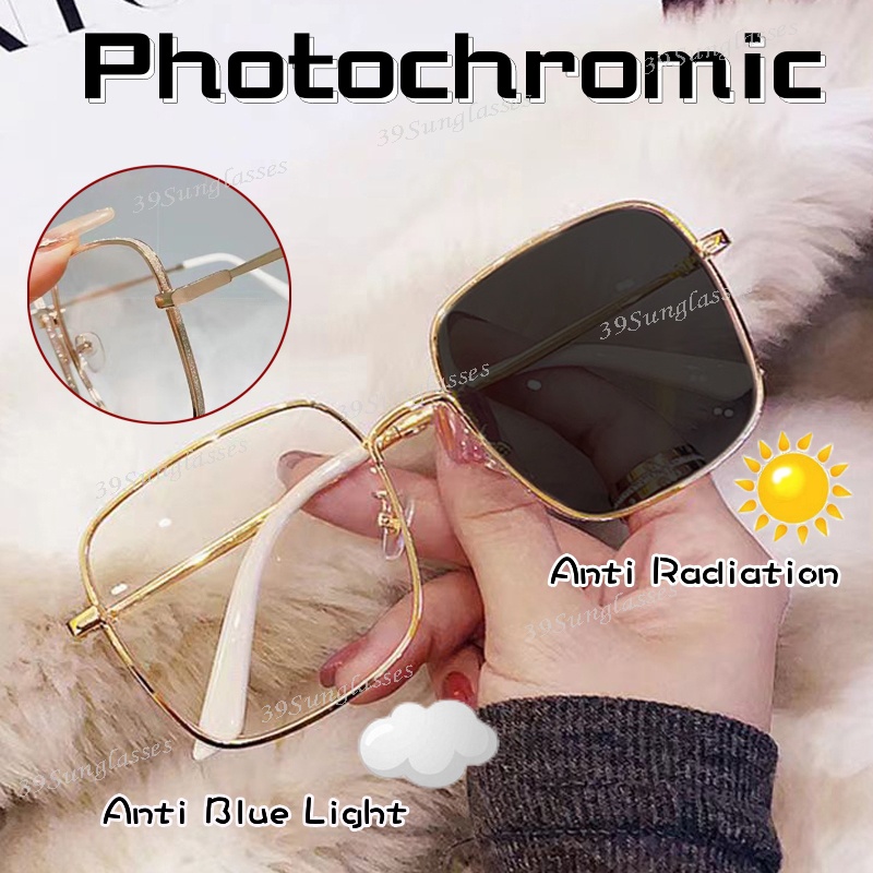 Gold Outdoor Photochromic Anti Radiation Shades Glasses Woman square Metal Frame Man Transition Eyeglasses Computer Eye protection Transitional Anti Blue Light Glare Sunglasses