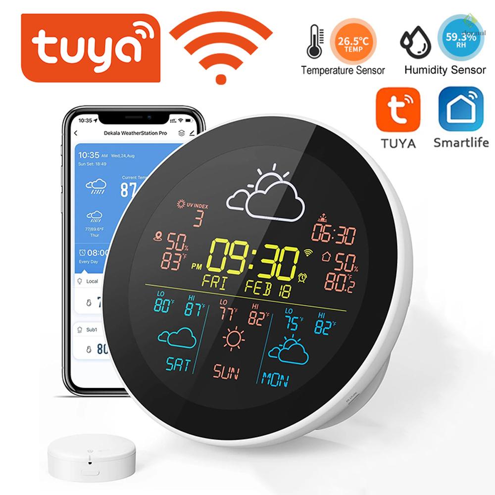 Doc Tuya WiFi Intelligent Weather Clock 3-Day Weather Forecast Weather Station Wireless Thermometer Hygrometer LCD Display Mobilephone Tuya APP Control with Alarm Clock Function