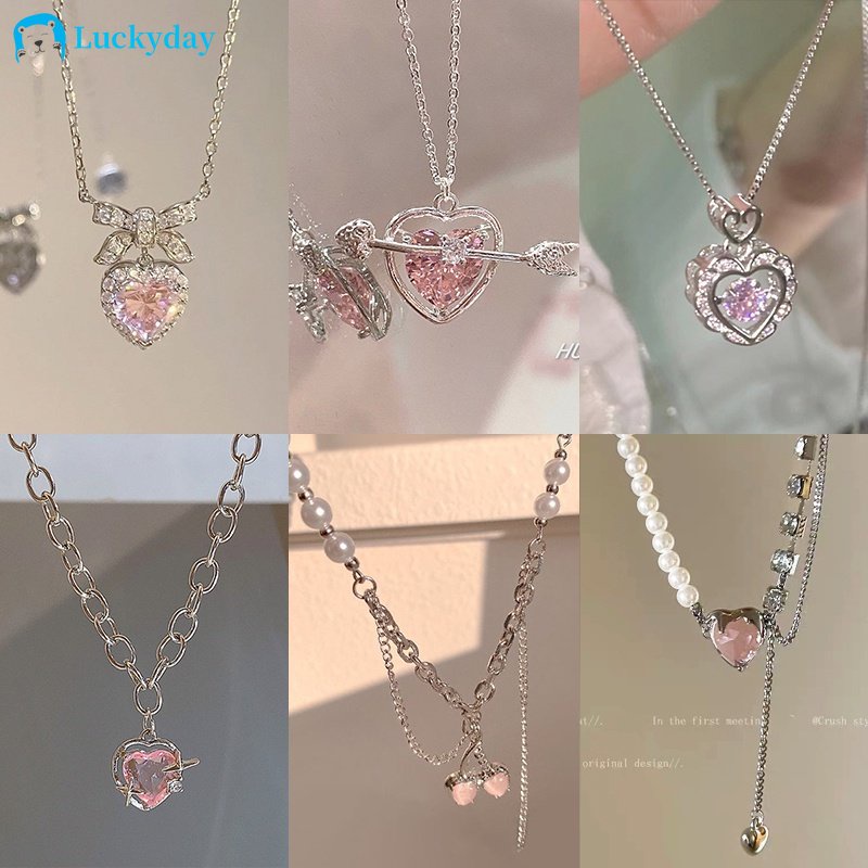 Y2K Sweet Pink Zircon Pendant Necklace for Women Heart Silver Chain Necklaces Choker Accessories Jewelry