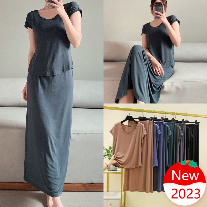 Women short sleeved skirt set 2024 Summer new thin modal cotton loose casual oversized loungewear Plain Lounge wear Pajamas Comfortable fashion sets